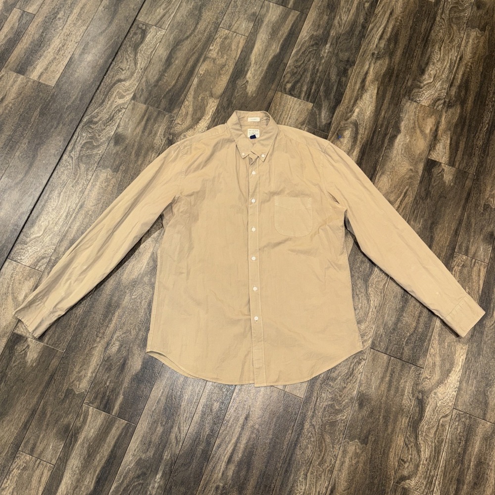 J.Crew Men's Classic Button-Up Tan Shirt Collared Long-Sleeve Stretch Size L